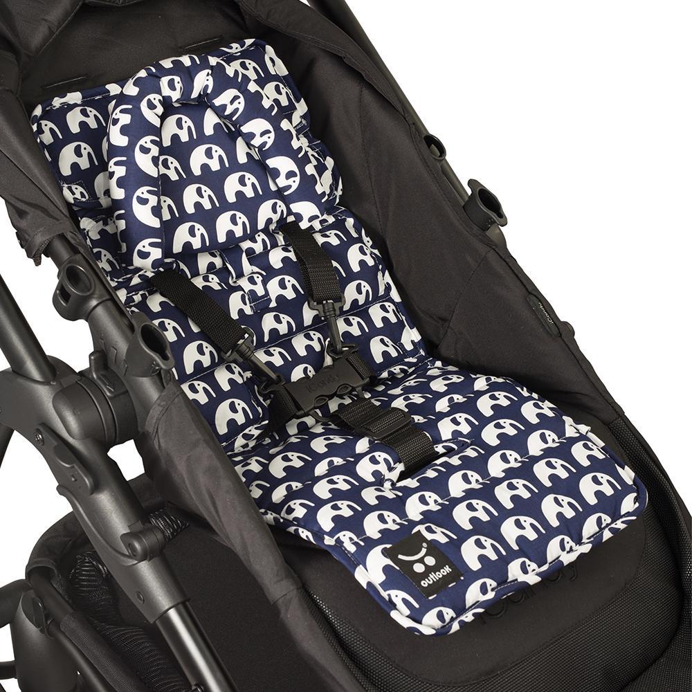 Outlookbaby Pram Liner with built in head support Navy Elephants
