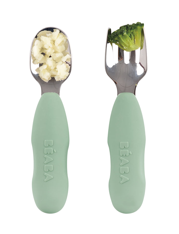 Beaba Fork & Spoon Stainless Steel Pre-Cutlery - Sage Green