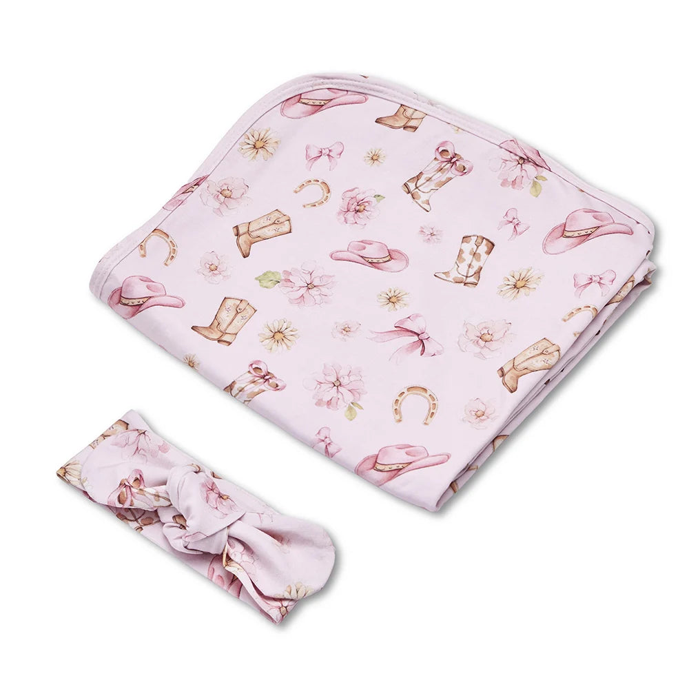 Snuggle Hunny Organic Jersey Wrap & Topknot Set - Boots & Bows