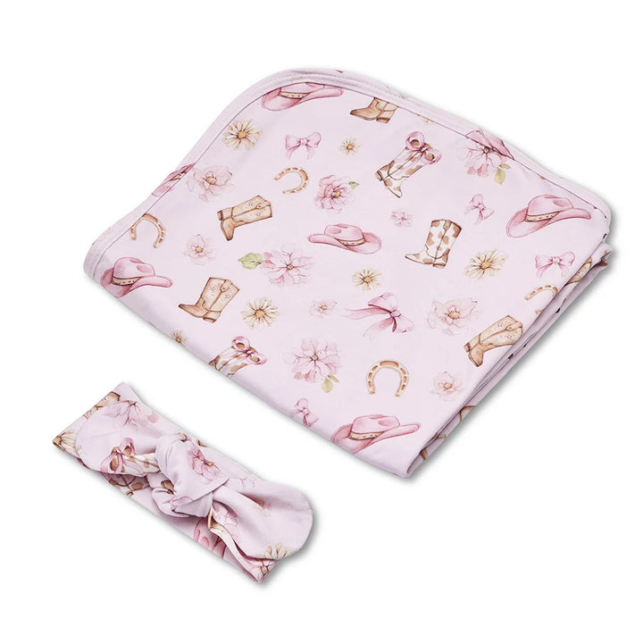 Snuggle Hunny Organic Jersey Wrap & Topknot Set - Boots & Bows