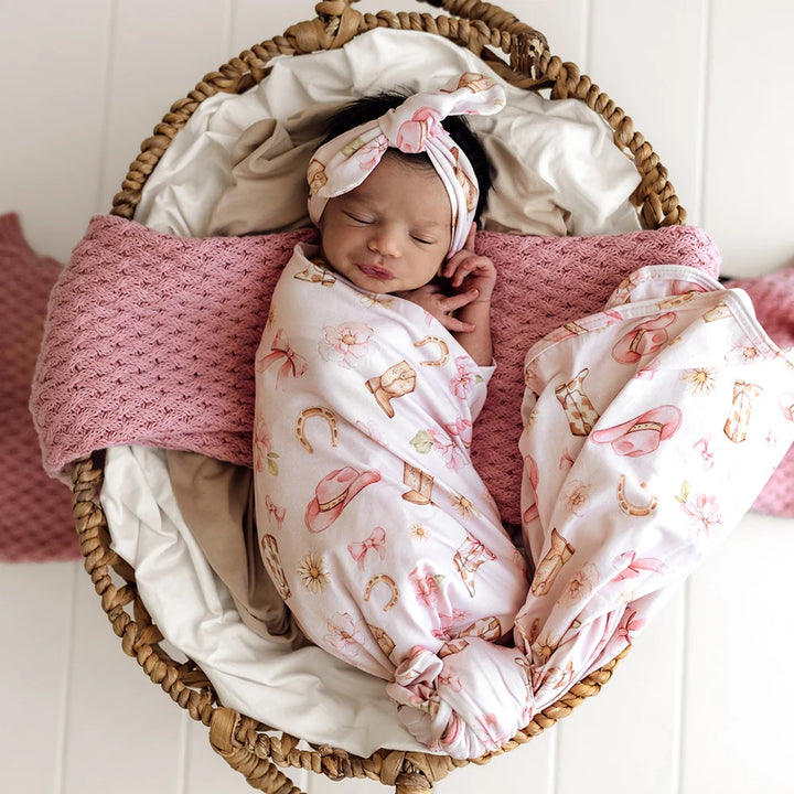 Snuggle Hunny Organic Jersey Wrap & Topknot Set - Boots & Bows