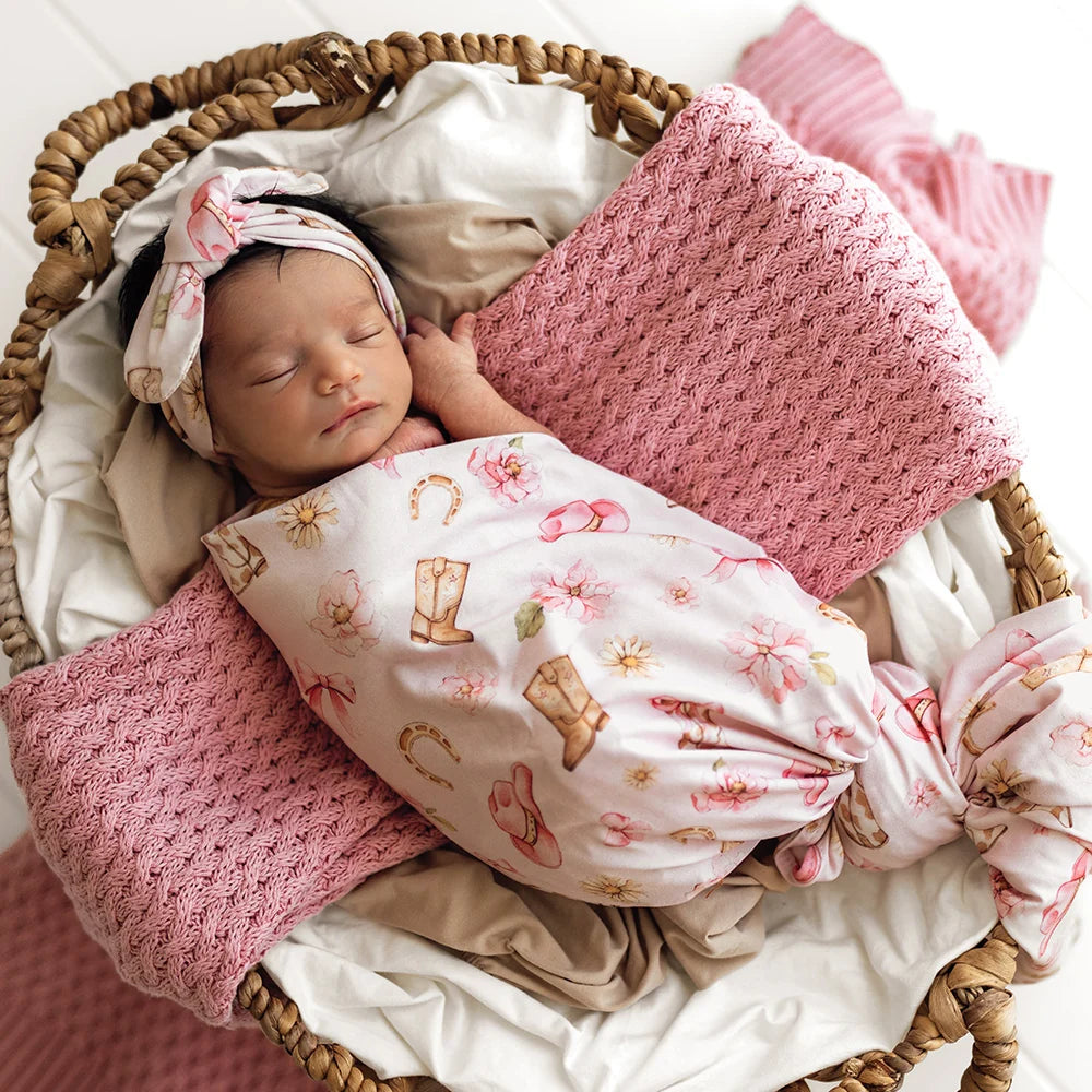 Snuggle Hunny Organic Jersey Wrap & Topknot Set - Boots & Bows