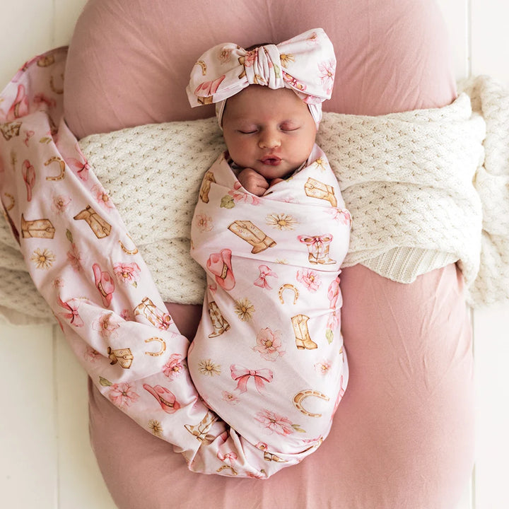 Snuggle Hunny Organic Jersey Wrap & Topknot Set - Boots & Bows