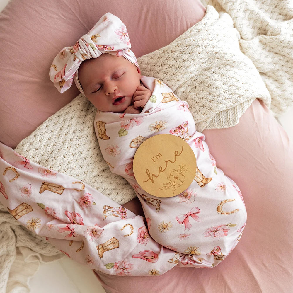 Snuggle Hunny Organic Jersey Wrap & Topknot Set - Boots & Bows
