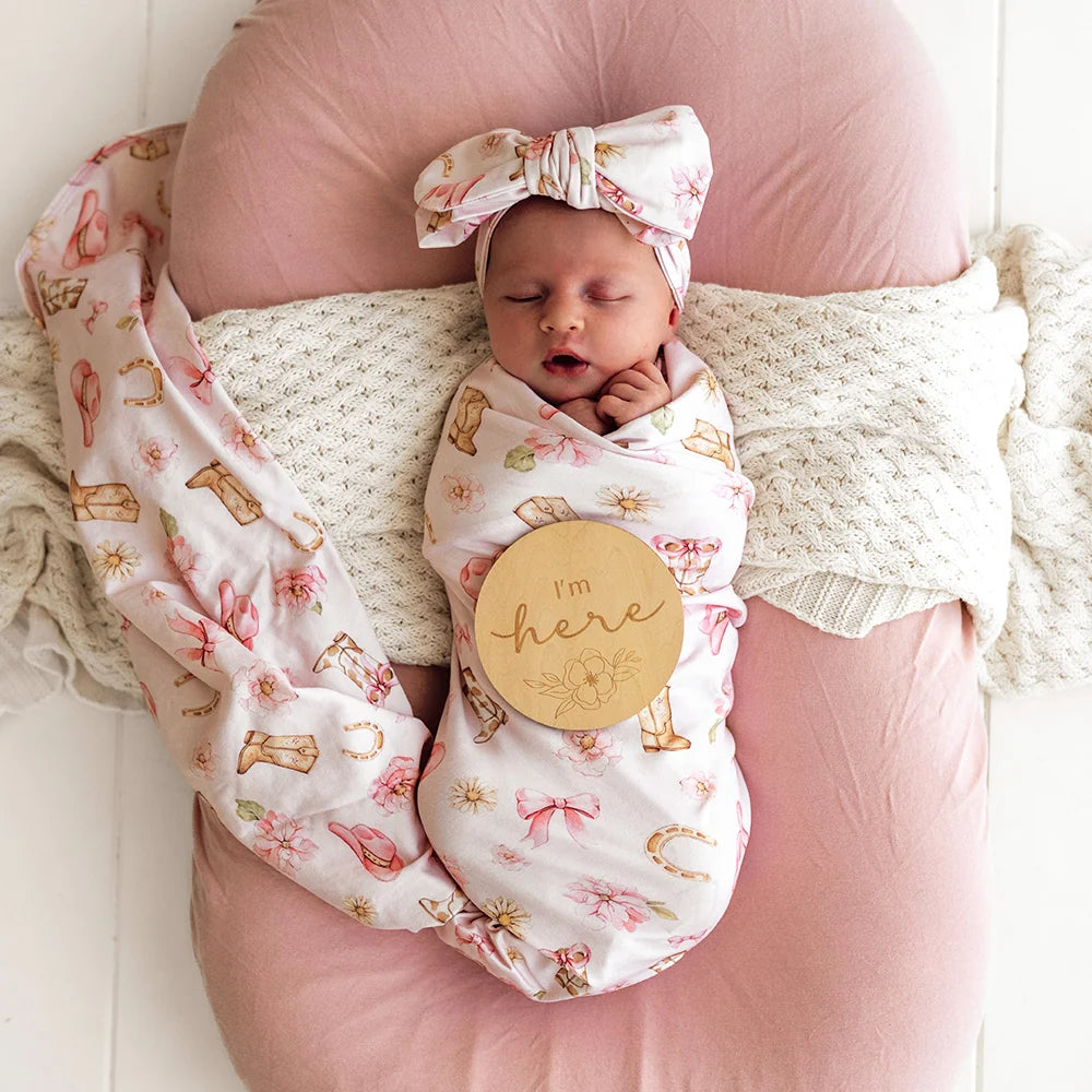 Snuggle Hunny Organic Jersey Wrap & Topknot Set - Boots & Bows