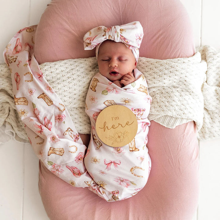 Snuggle Hunny Organic Jersey Wrap & Topknot Set - Boots & Bows
