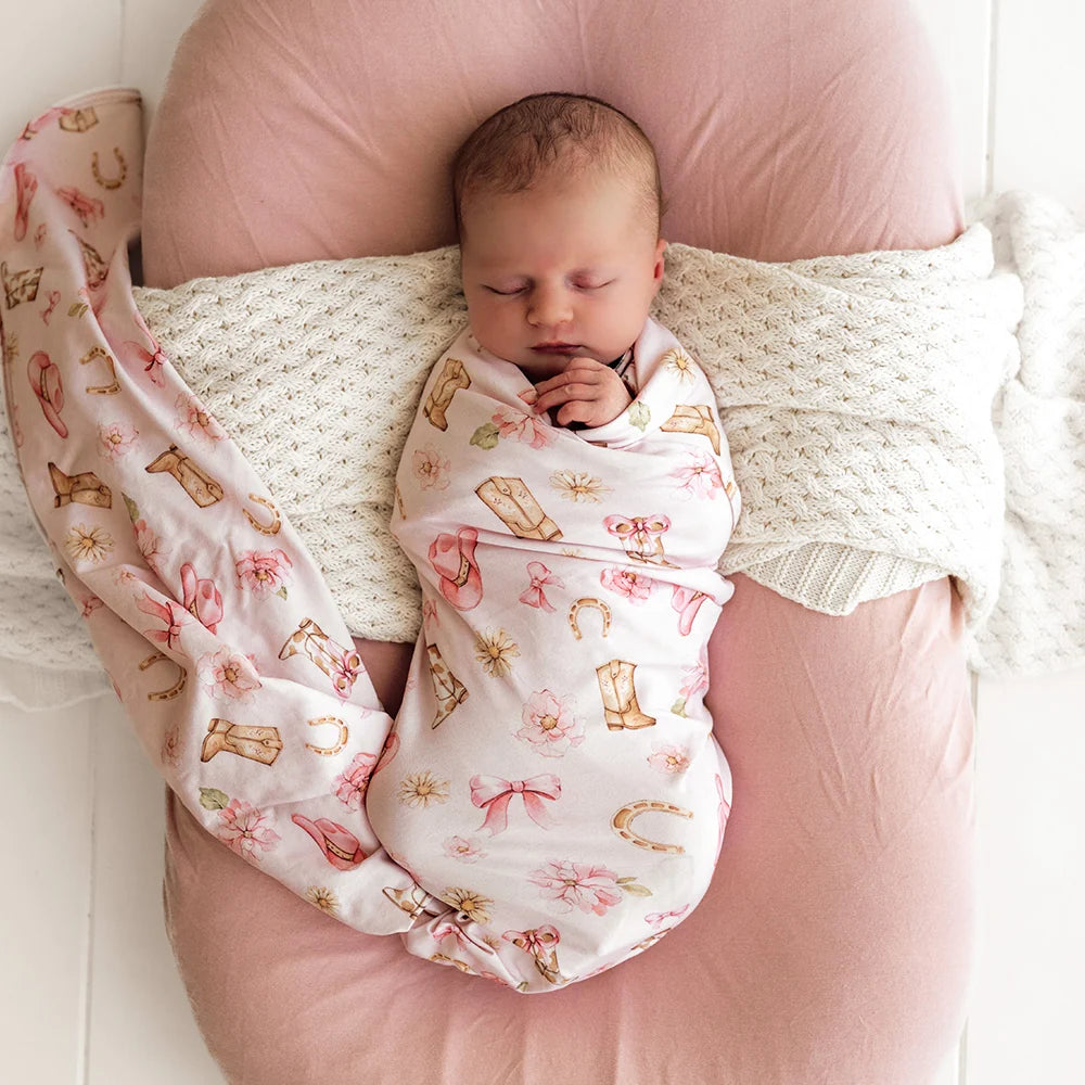 Snuggle Hunny Organic Jersey Wrap & Topknot Set - Boots & Bows