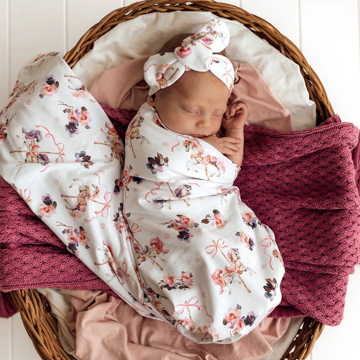 Baby Jersey Wrap & Topknot Set - Carousel