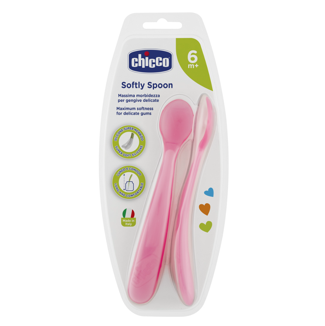 Chicco Soft Silicone Spoon 6m+ 2pk-Pink