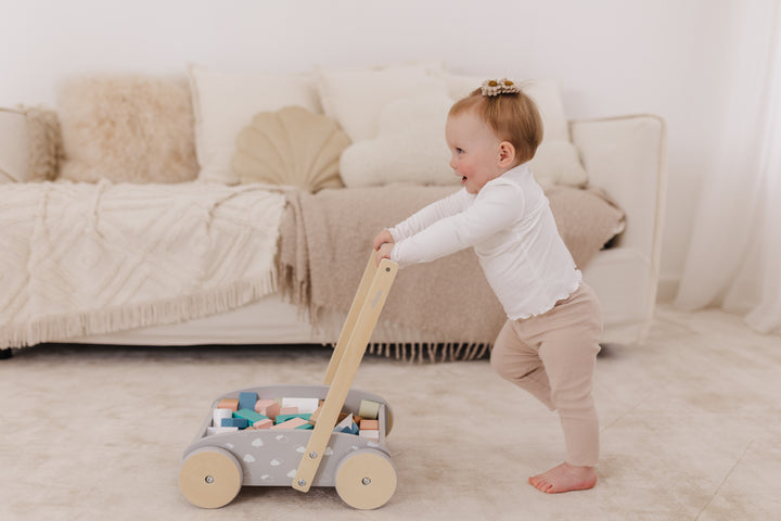 Bubble Wooden Baby Push Cart & Walker with 45 Building Blocks