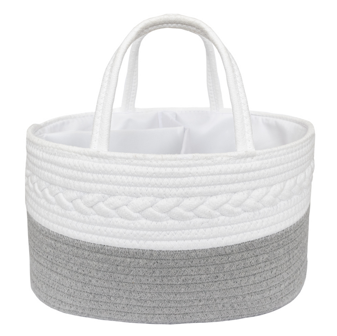 Living Textiles 100% Cotton Rope Nappy Caddy  with divider-White/Grey