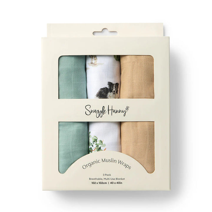 Snuggle Hunny Large Organic Muslin Wraps 3 Pack - Dog Park/Sage/Pebble