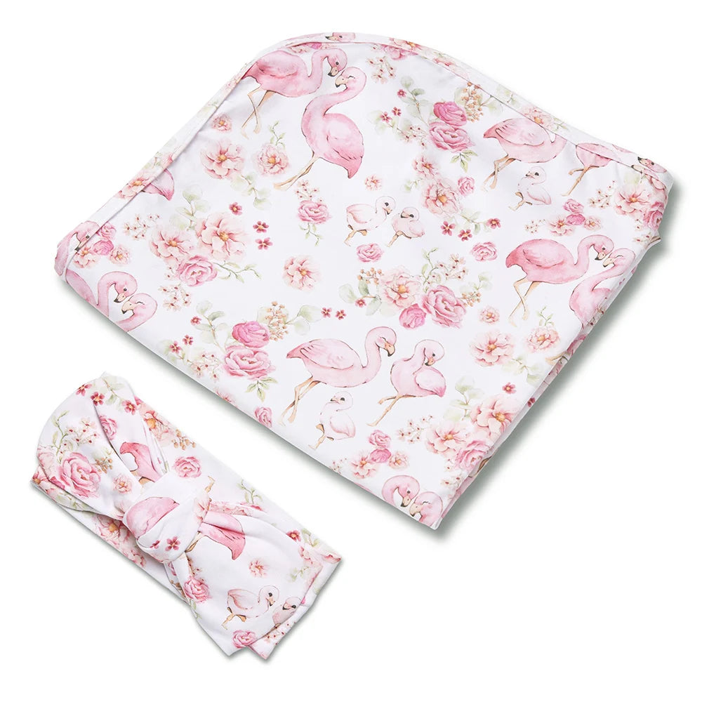Snuggle Hunny Organic Jersey Wrap & Topknot Set - Flamingos