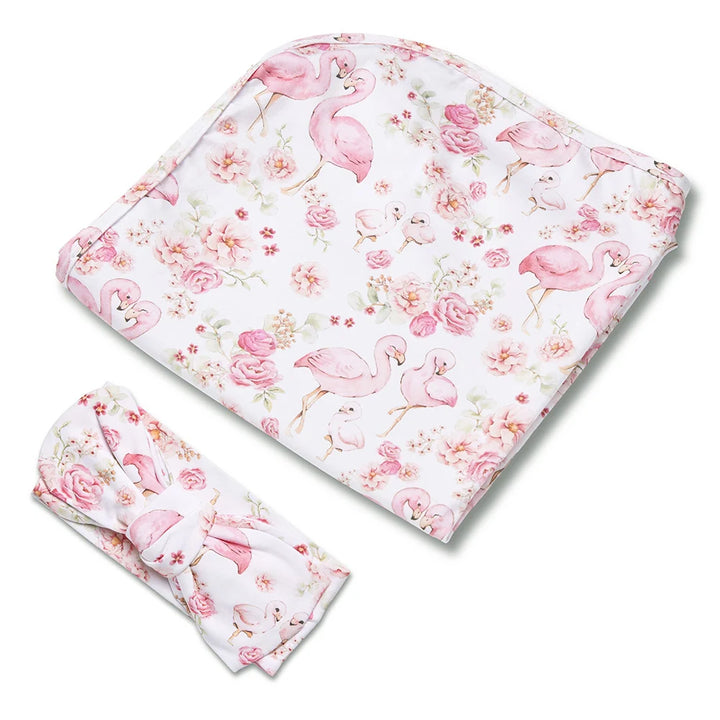 Snuggle Hunny Organic Jersey Wrap & Topknot Set - Flamingos