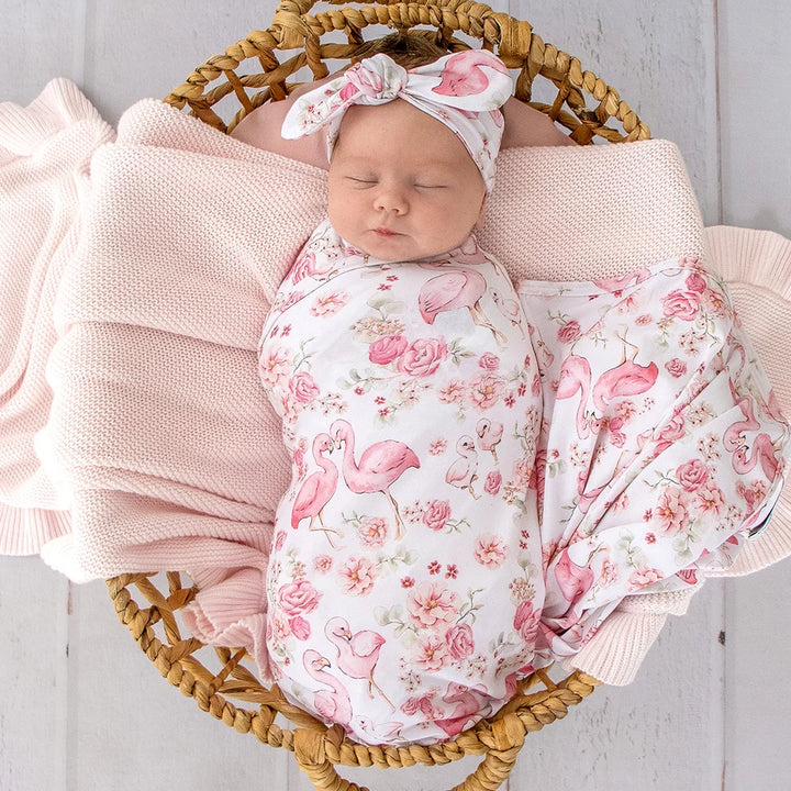 Snuggle Hunny Organic Jersey Wrap & Topknot Set - Flamingos