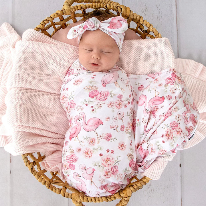 Snuggle Hunny Organic Jersey Wrap & Topknot Set - Flamingos