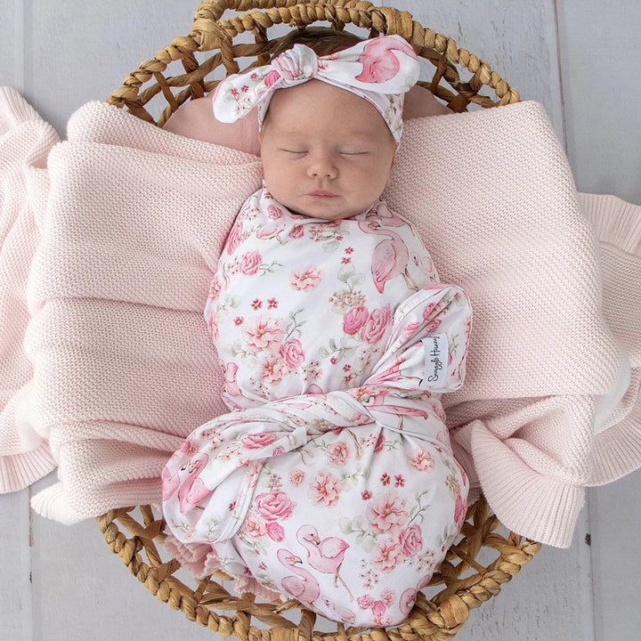Snuggle Hunny Organic Jersey Wrap & Topknot Set - Flamingos