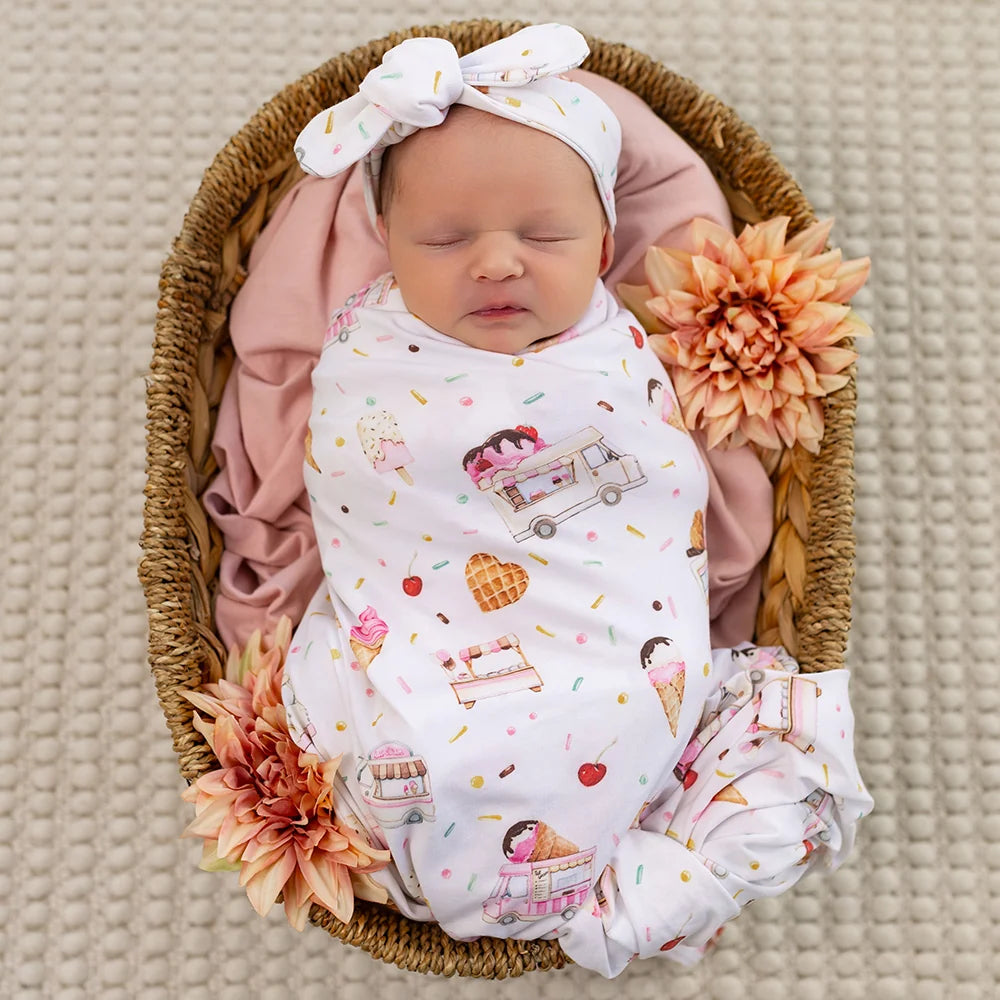 Snuggle Hunny Organic Jersey Wrap & Topknot Set - Ice Creams