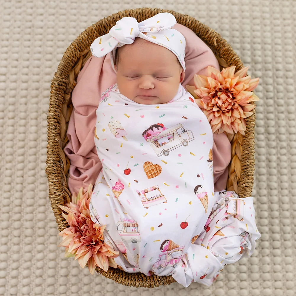 Snuggle Hunny Organic Jersey Wrap & Topknot Set - Ice Creams
