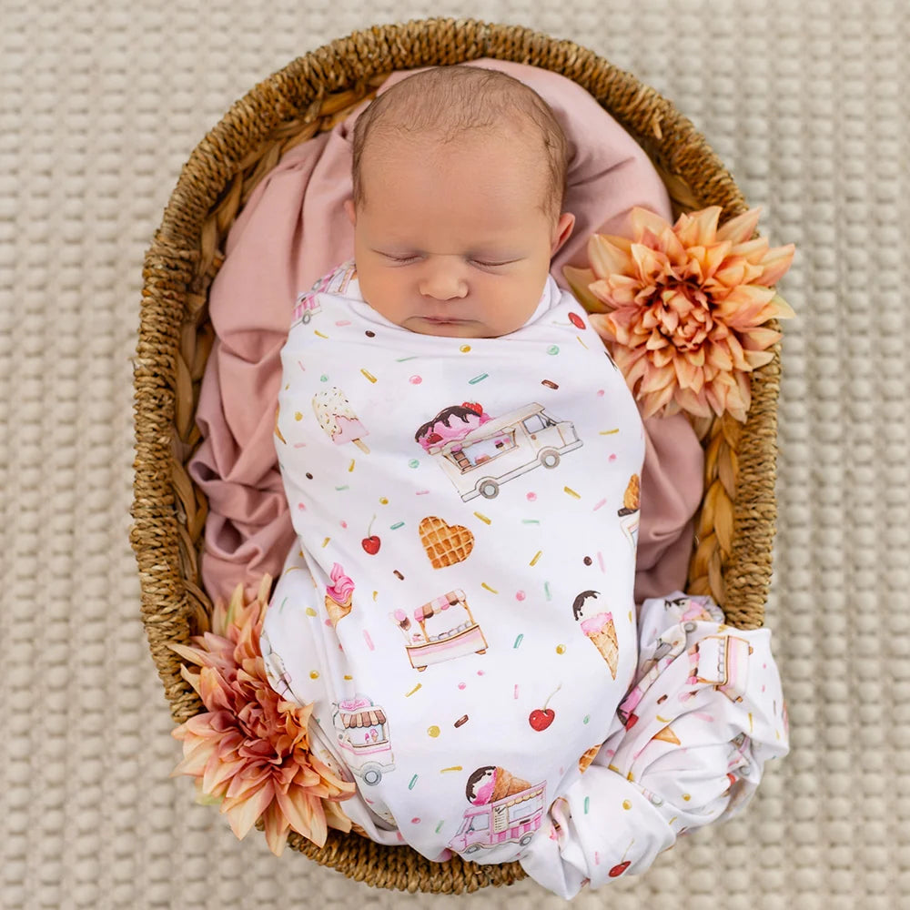 Snuggle Hunny Organic Jersey Wrap & Topknot Set - Ice Creams