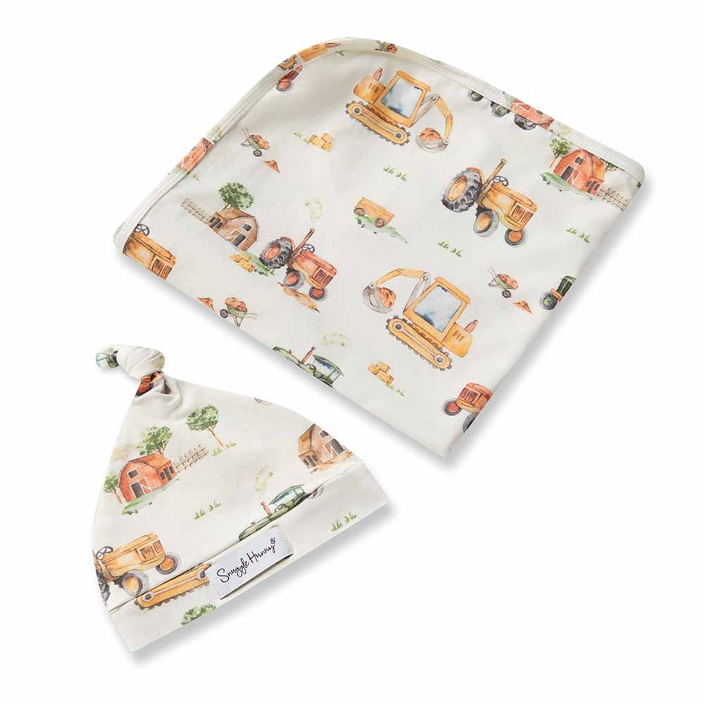 Organic Jersey Wrap & Beanie Set-Diggers & Tractors