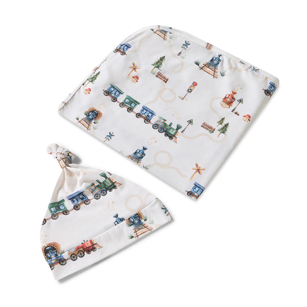 Baby Jersey Wrap & Beanie Set - Trains