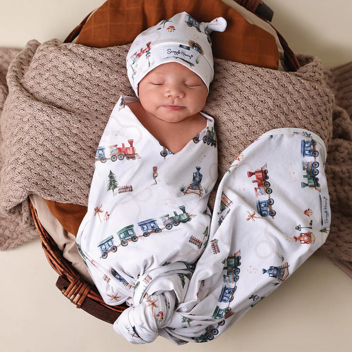 Baby Jersey Wrap & Beanie Set - Trains