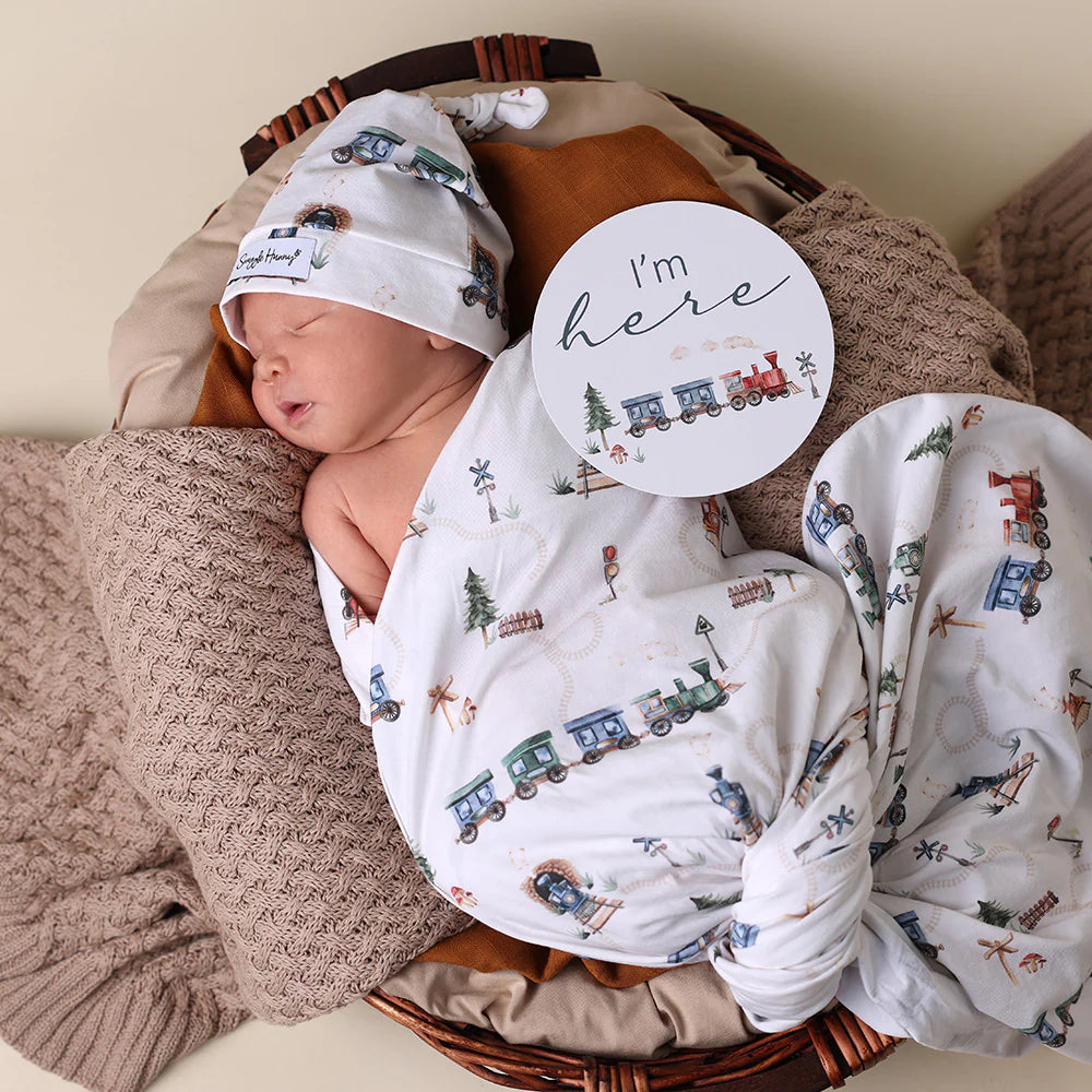 Baby Jersey Wrap & Beanie Set - Trains