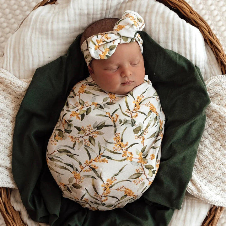 Organic Snuggle Swaddle & Topknot Set - Golden Wattle