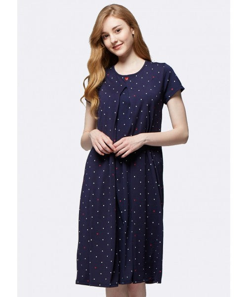Mickey Dotty Maternity & Nursing Pyjama Dress-Navy