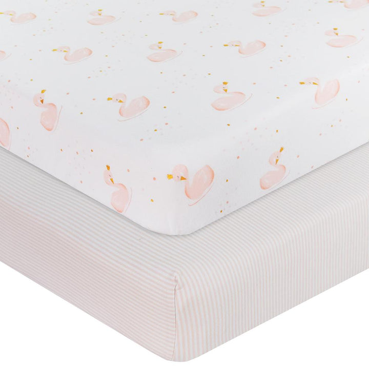 2-PACK JERSEY COT FITTED SHEET SWAN PRINCESS/PINK STRIPE