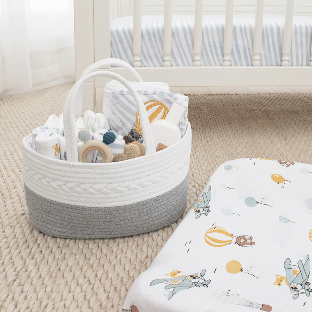 Living Textiles 100% Cotton Rope Nappy Caddy  with divider-White/Grey