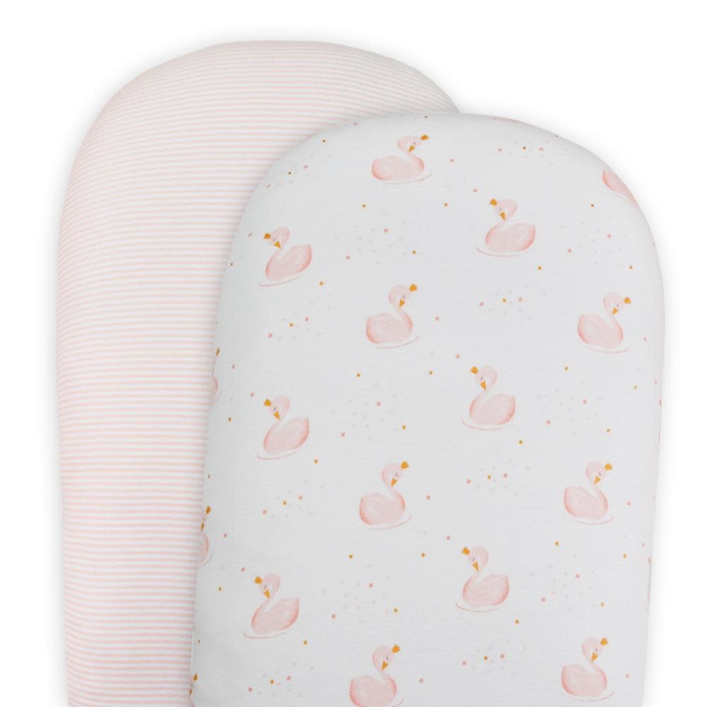 2 Pack Moses/Pram Fitted Sheets - Swan/Pink Stripe