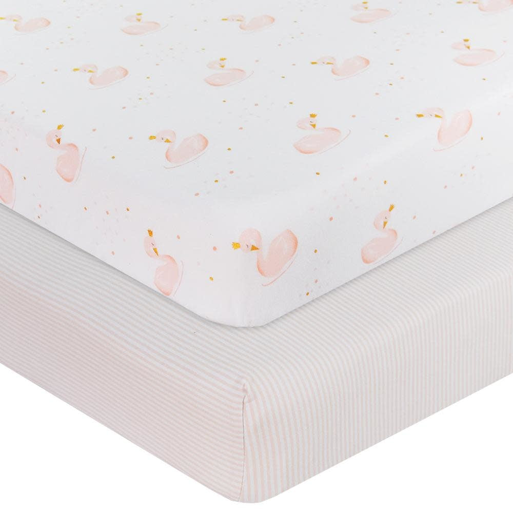 2-PACK JERSEY COT FITTED SHEET SWAN PRINCESS/PINK STRIPE