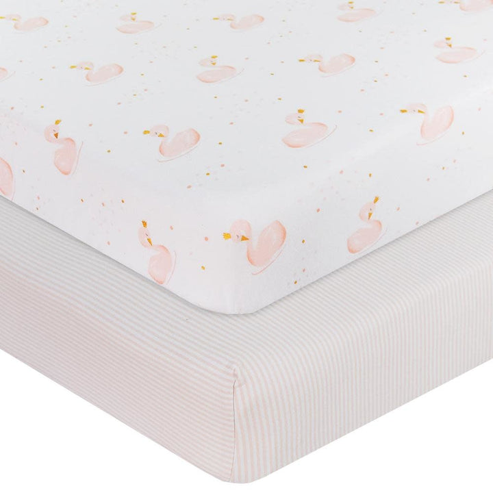 2-PACK JERSEY COT FITTED SHEET SWAN PRINCESS/PINK STRIPE