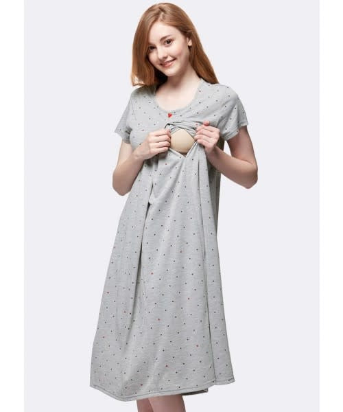 Mickey Dotty Maternity & Nursing Pyjama Dress-Grey