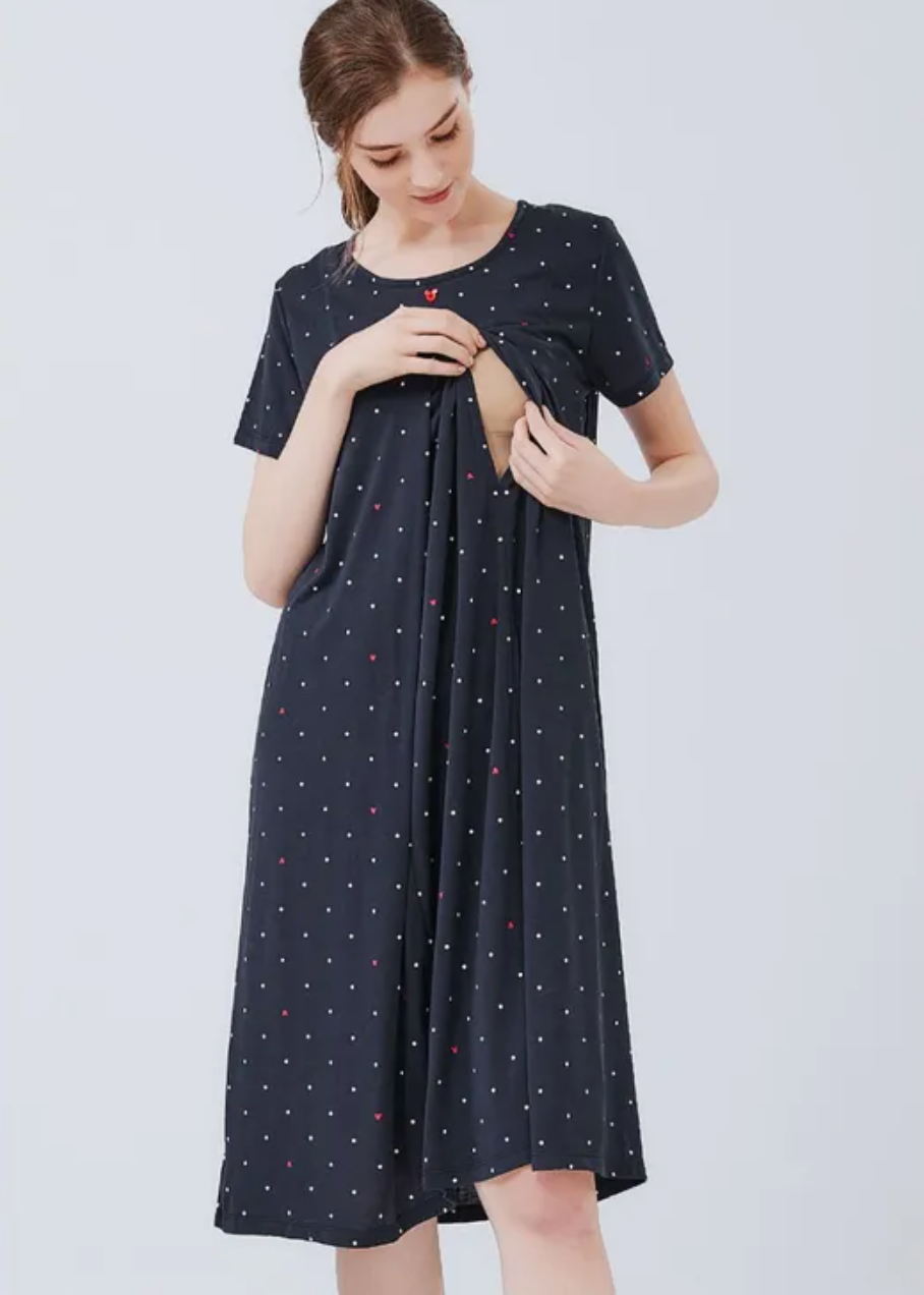 Mickey Dotty Maternity & Nursing Pyjama Dress-Navy