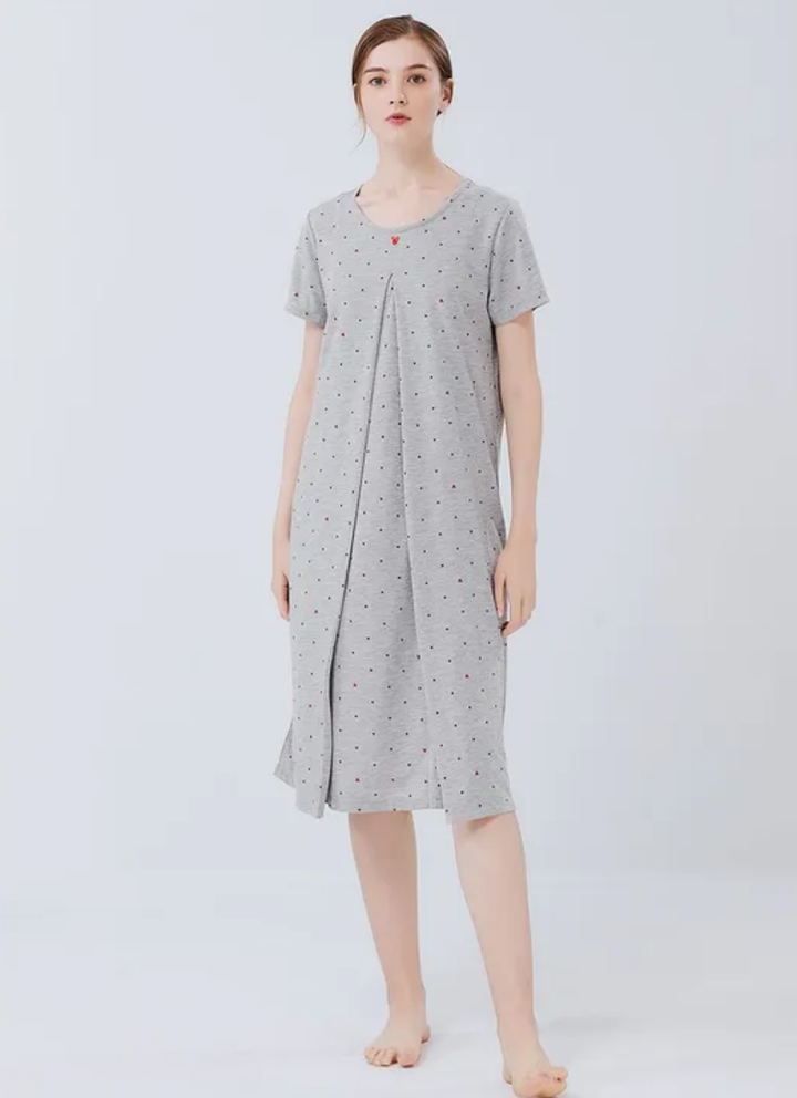 Mickey Dotty Maternity & Nursing Pyjama Dress-Grey