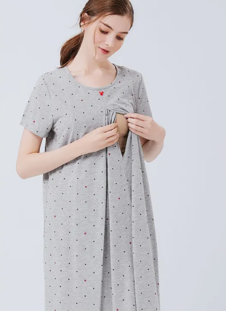 Mickey Dotty Maternity & Nursing Pyjama Dress-Grey