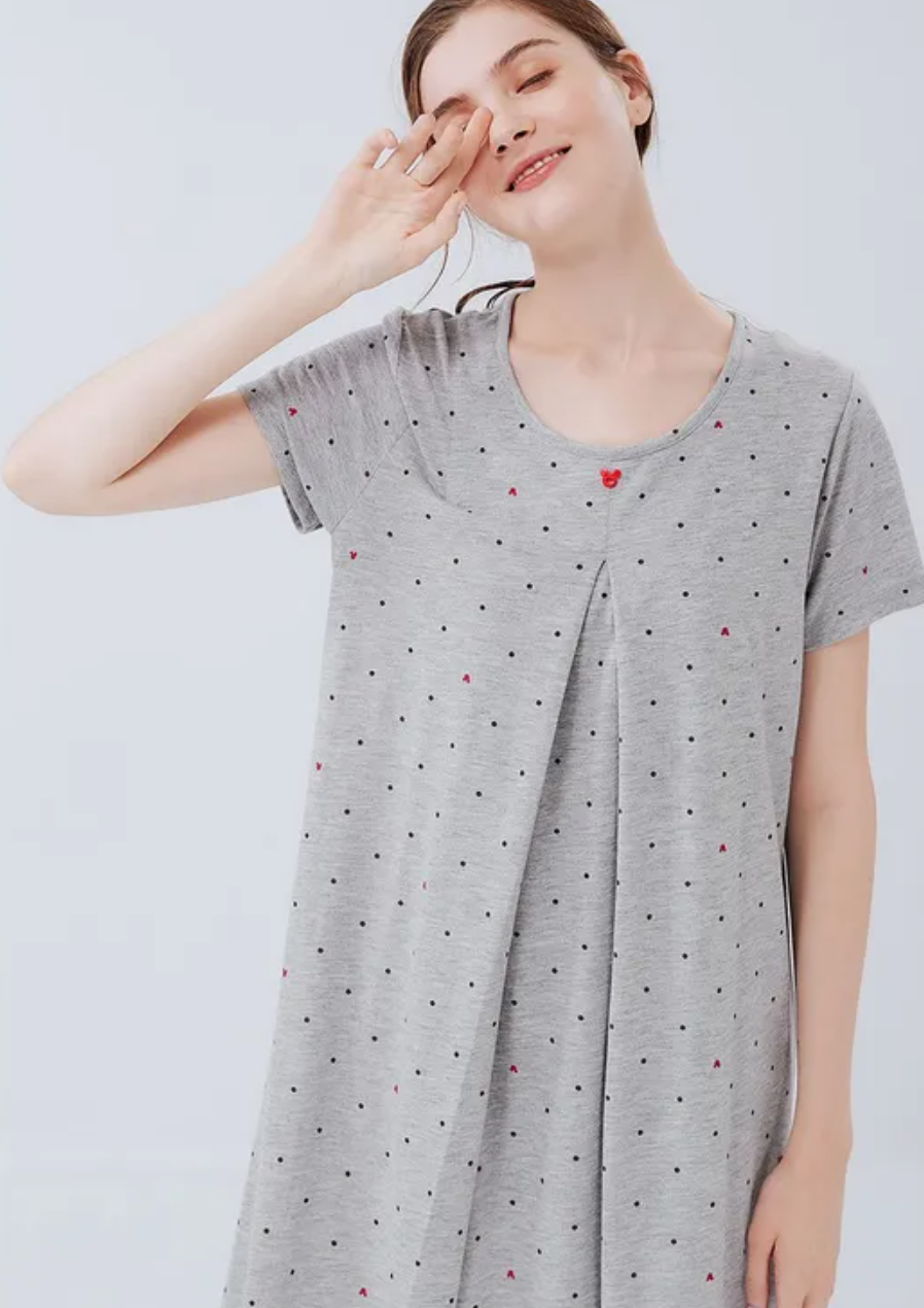 Mickey Dotty Maternity & Nursing Pyjama Dress-Grey