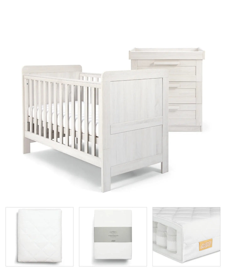 Mamas & Papas Atlas 5 Piece Set (Cotbed, Dresser Changer, Mattress, Fitted Sheets & Mattress Protector) - White