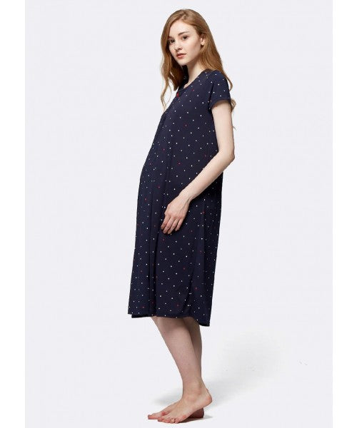 Mickey Dotty Maternity & Nursing Pyjama Dress-Navy