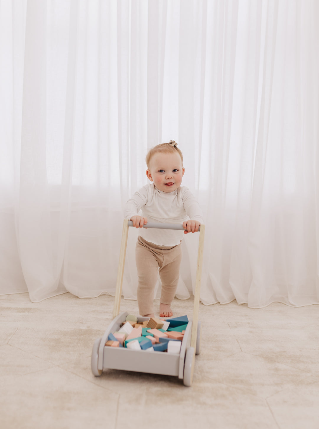 Bubble Wooden Baby Push Cart & Walker with 45 Building Blocks
