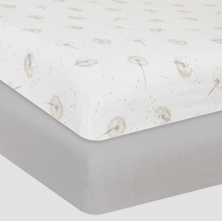 ORGANIC MUSLIN 2-PACK COT FITTED SHEETS DANDELION GREY