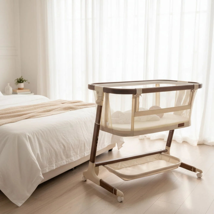 Babystudio Dream Glider Bedside Sleeper – Auto Motion Bassinet | Wood Grain