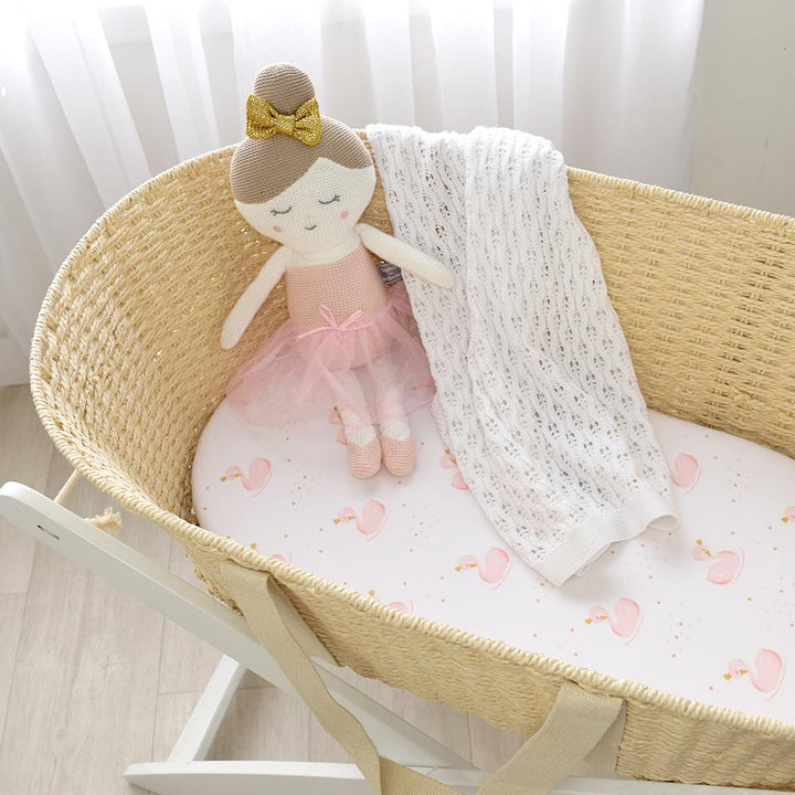 2 Pack Moses/Pram Fitted Sheets - Swan/Pink Stripe