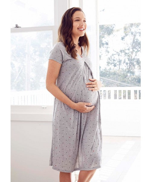Mickey Dotty Maternity & Nursing Pyjama Dress-Grey