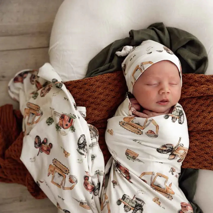 Organic Jersey Wrap & Beanie Set-Diggers & Tractors