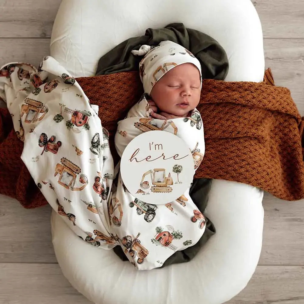Organic Jersey Wrap & Beanie Set-Diggers & Tractors