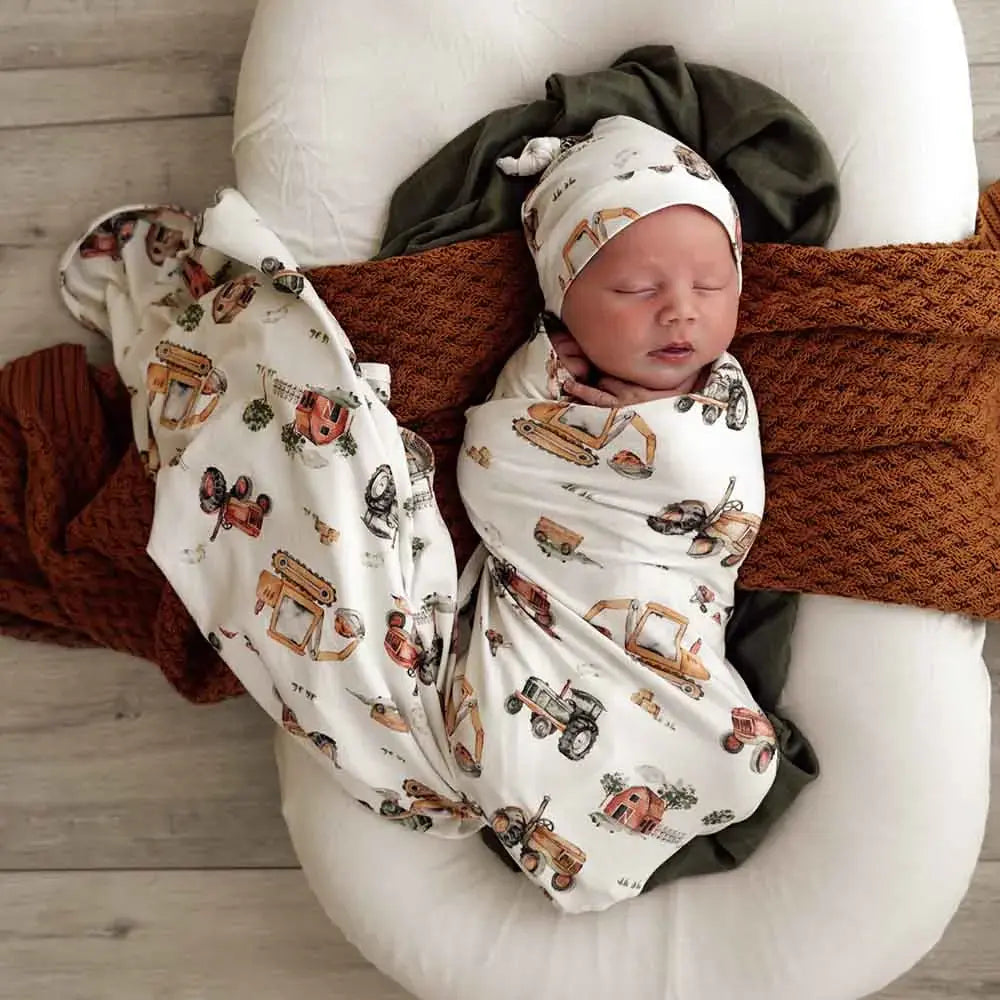 Organic Jersey Wrap & Beanie Set-Diggers & Tractors